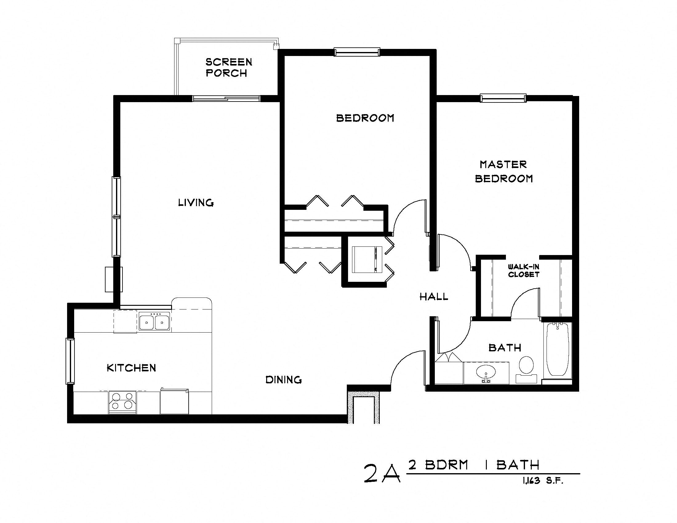 Floor plan for 2 beds, 1 bath, 1286 sqft